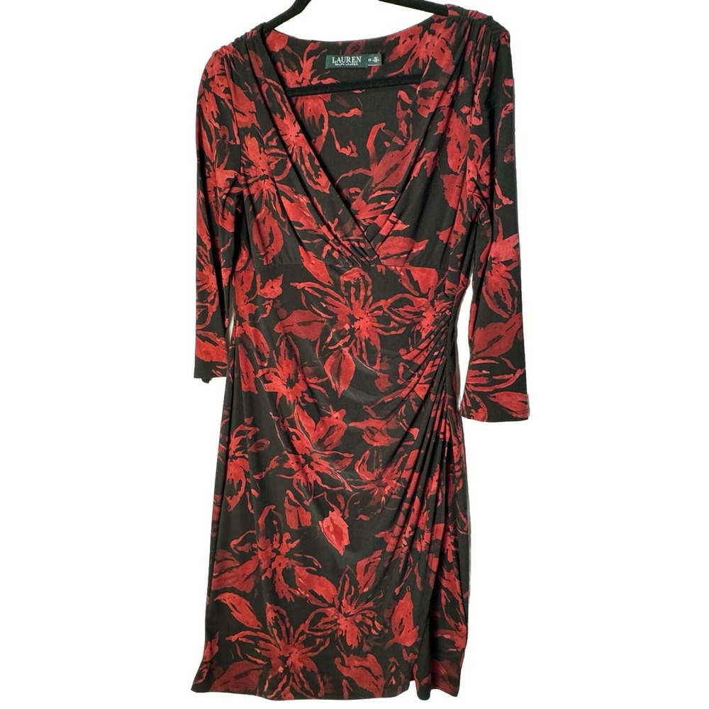 Lauren Ralph Lauren Women’s Dress Sz 10 Red Floral V-Neck Ruched Stretchy